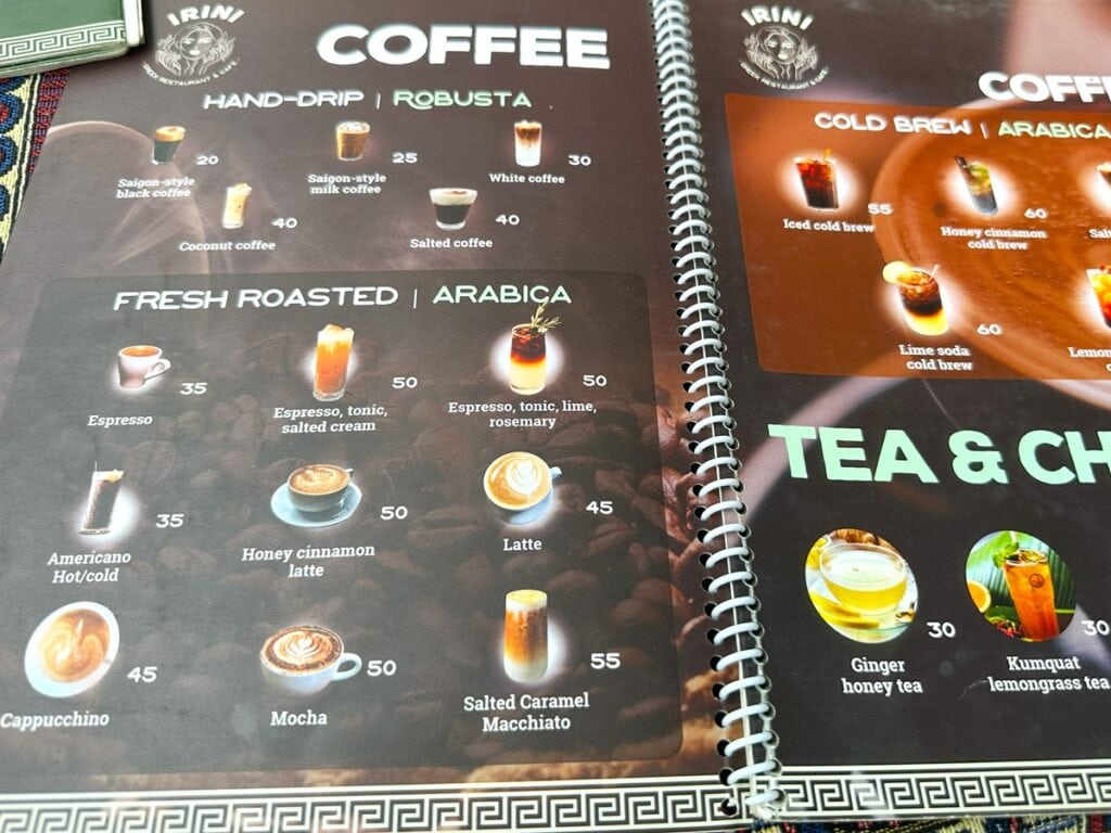 ダナンのカフェのメニュー